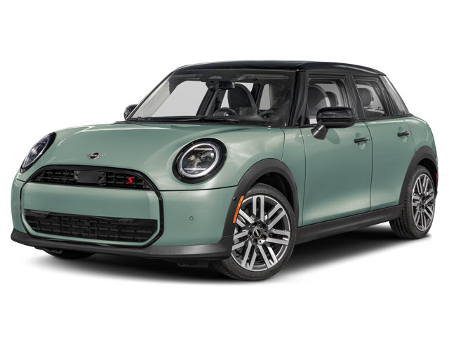 A mint green 2026 MINI Hardtop 4 Door with a black roof and stylish wheels, parked at an angle.