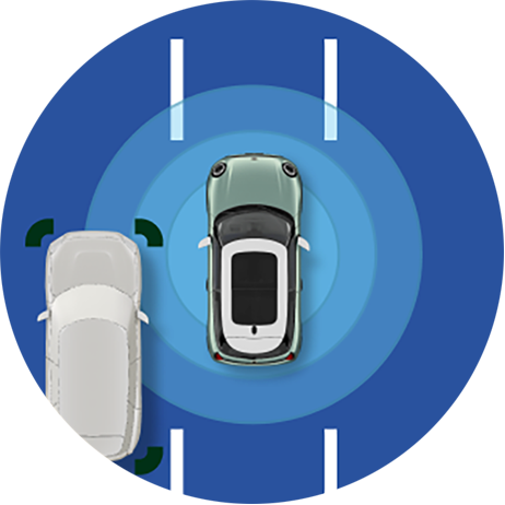 An icon warning a MINI that a car is approaching in the lane next to it.