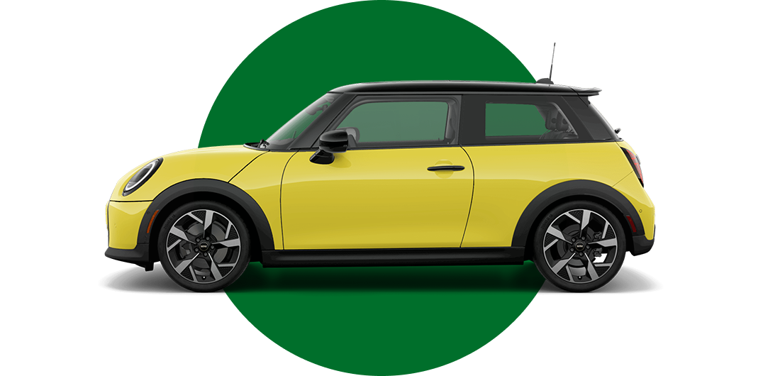 Side view of a MINI Cooper 2 Door in the Sunny Side Yellow body color, facing left with its shadow underneath it.