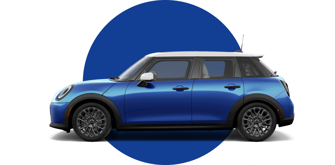 Side view of a MINI Cooper 4 Door in the Blazing Blue body color, facing left with its shadow underneath it.