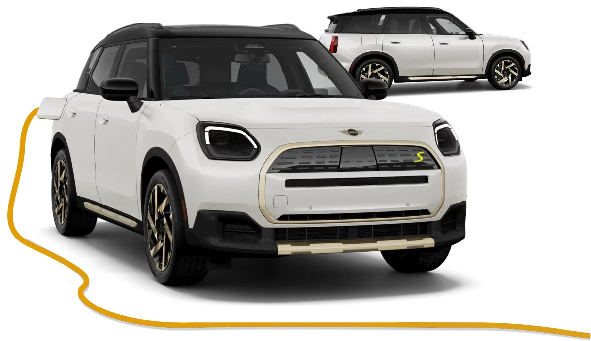 Angled exterior view of the MINI Countryman SE ALL4 charging in front of smaller side view of MINI Countryman SE ALL4.