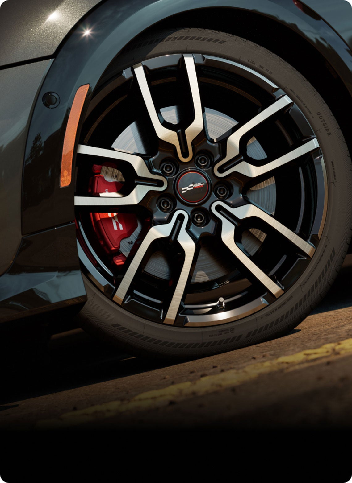 Close-up of the wheel on a MINI JCW 2 Door.