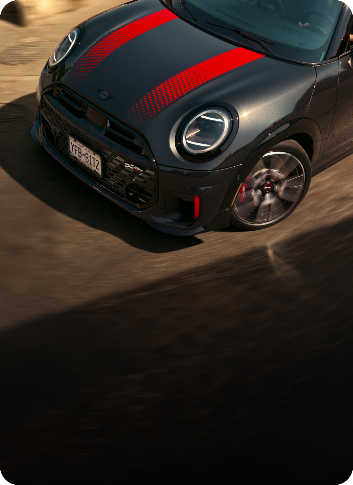 Bird’s-eye view of the front hood of a MINI JCW Convertible.