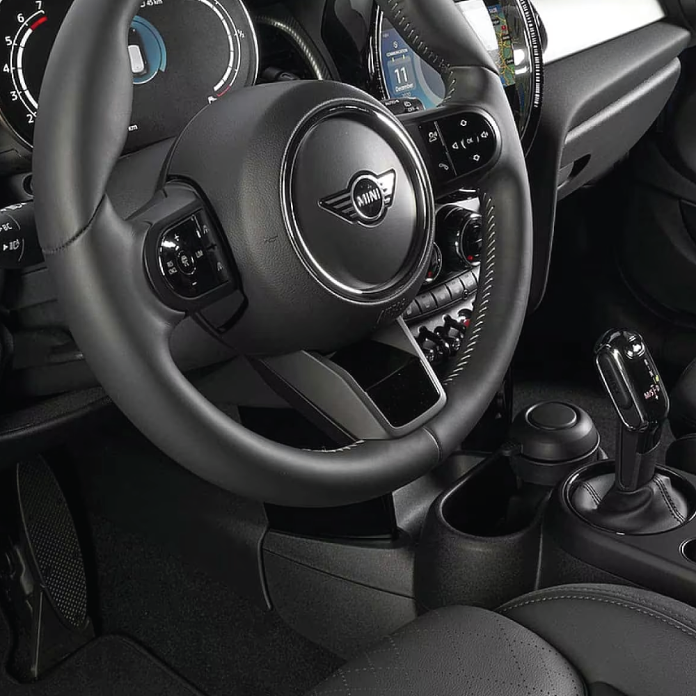 Interior shot of a MINI steering wheel with black leather